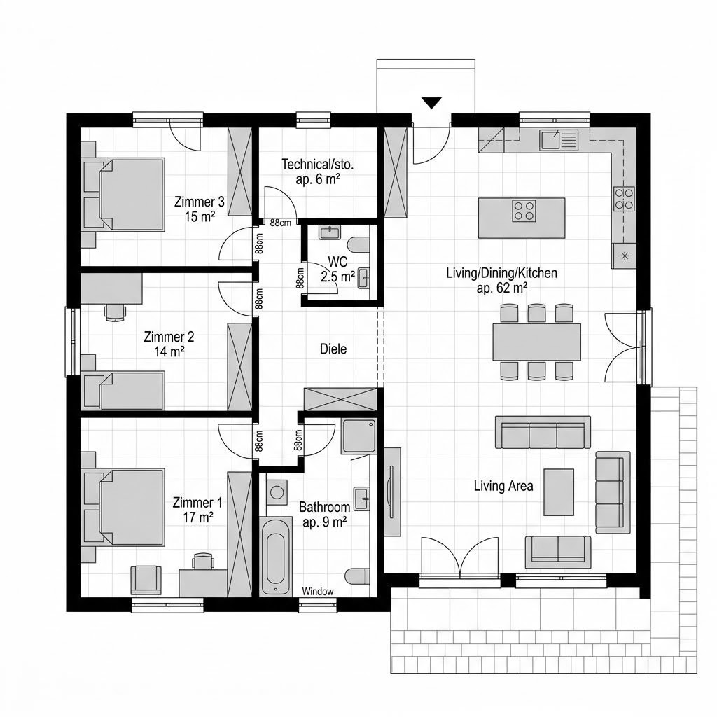 Plattegrond Haus Lozzi van Baufritz — 158 m², 5 kamers