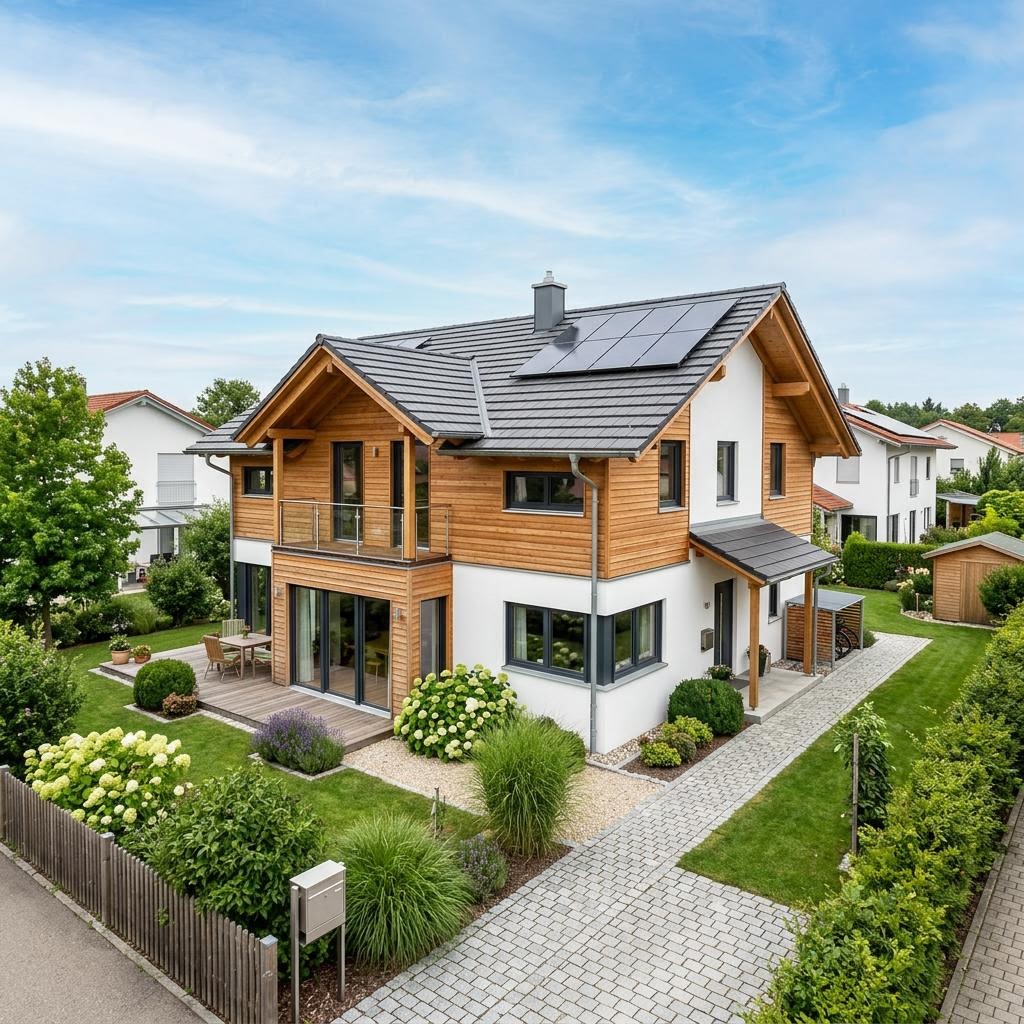 Holzhaus Holzhaus Alpin 156 van Baufritz met zadeldak — prefab woning van 156 m²
