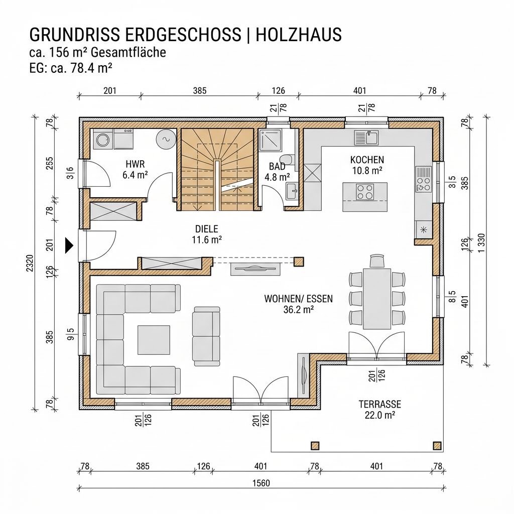 Plattegrond Holzhaus Alpin 156 van Baufritz — 156 m², 5 kamers
