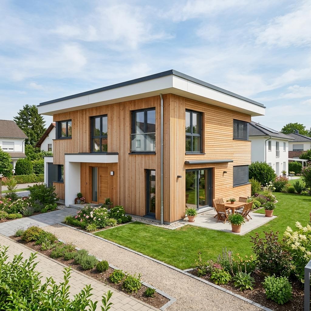 Holzhaus Holzhaus Kubus 142 van Baufritz met plat dak — prefab woning van 142 m²