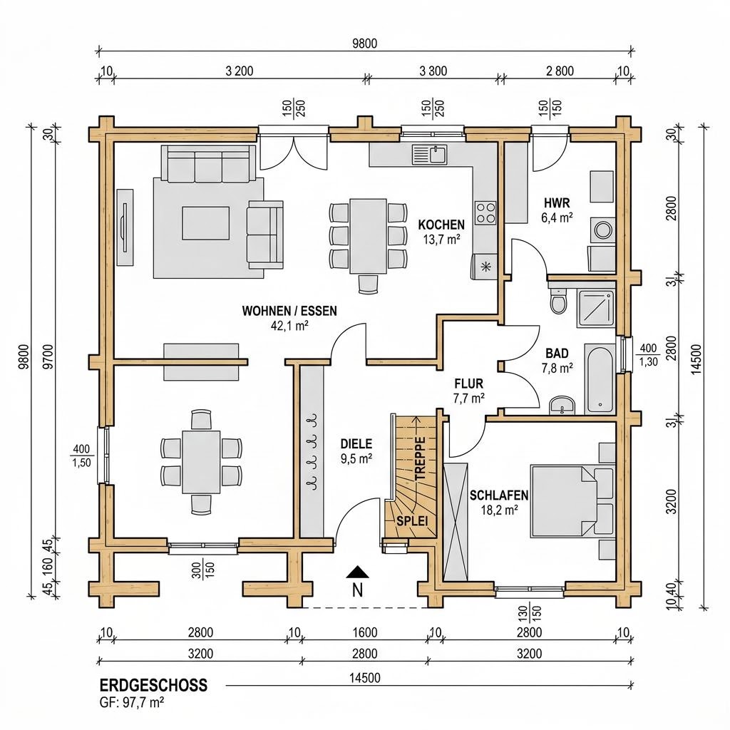 Plattegrond Holzhaus Kubus 142 van Baufritz — 142 m², 5 kamers