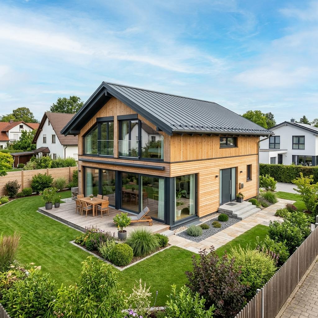 Holzhaus Holzhaus Panorama 184 van Baufritz met lessenaarsdak — prefab woning van 184 m²