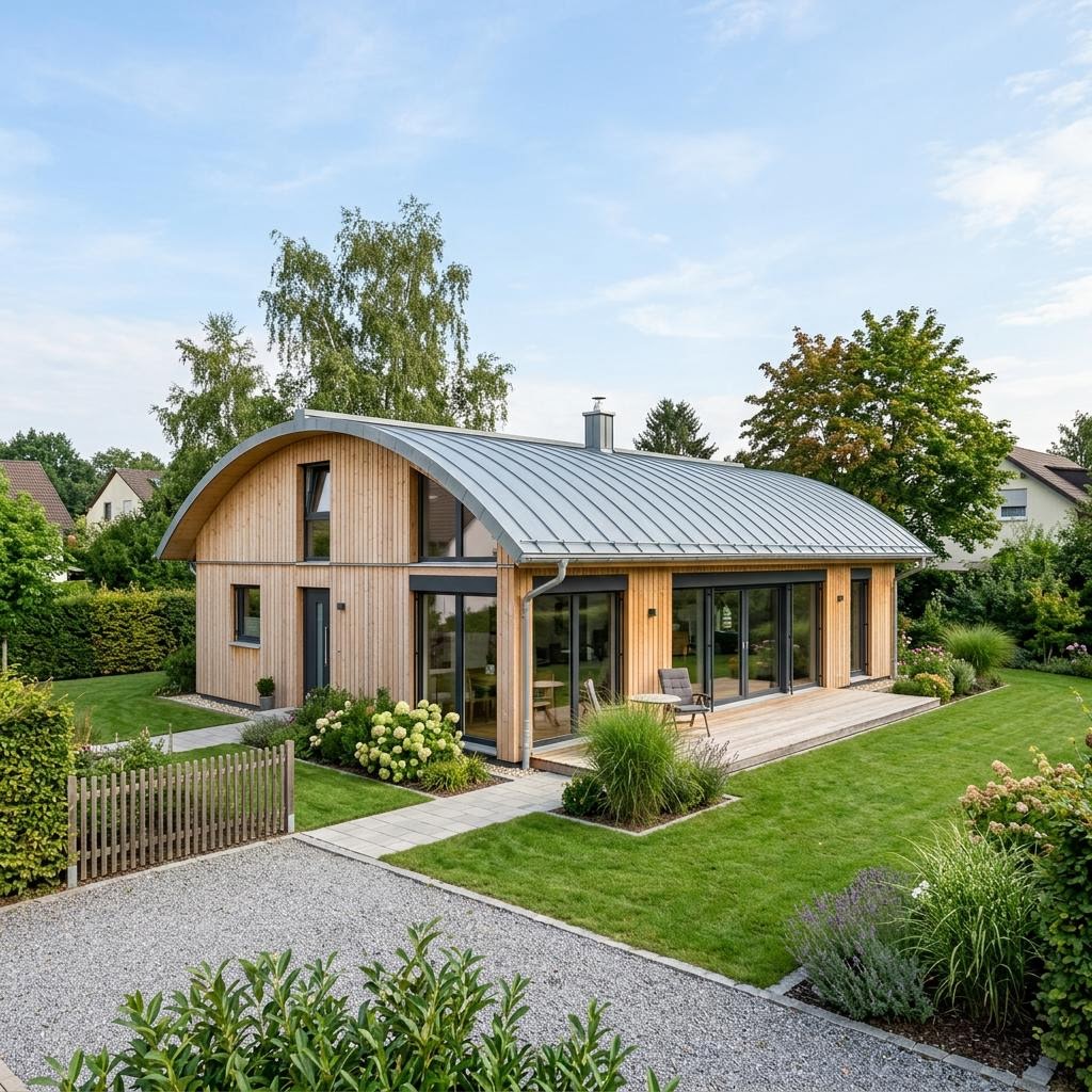 Compacte woning Singlehaus Sonnentonne 79 van Bio-Solar-Haus met tonvormig dak — prefab woning van 79 m²