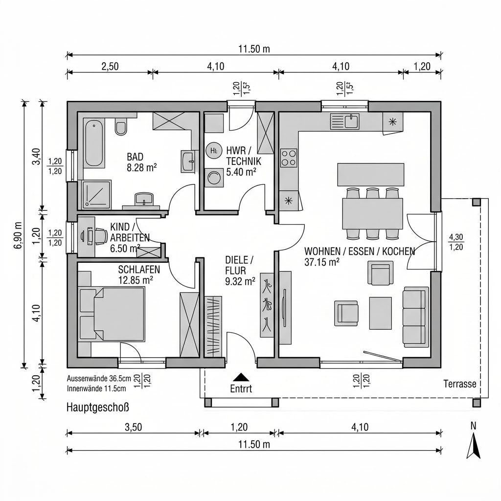 Plattegrond Singlehaus Sonnentonne 79 van Bio-Solar-Haus — 79 m², 2 kamers
