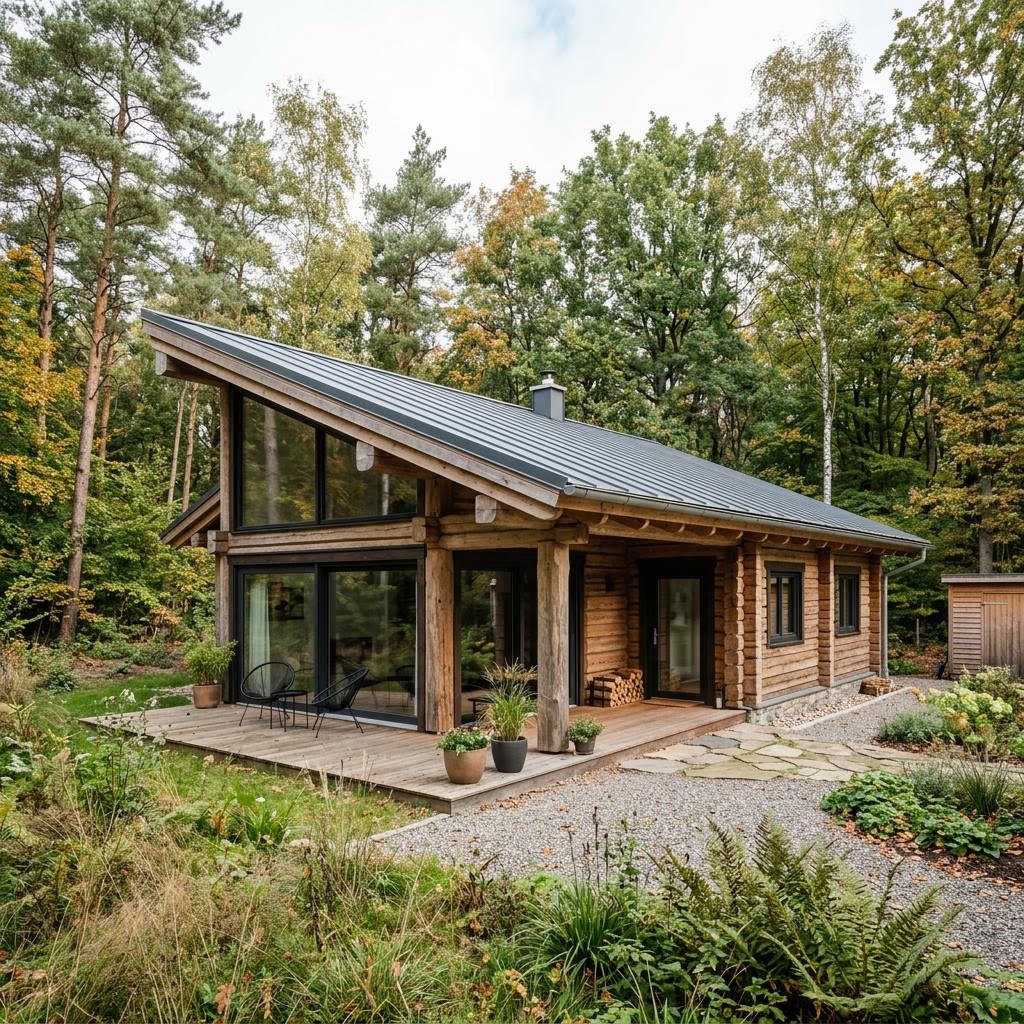 Blokhut Flatwood Green 90 van LéonWood met lessenaarsdak — prefab woning van 95 m²