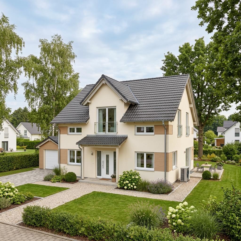 Eengezinswoning Familienhaus Zwerch 138 van Büdenbender Hausbau met dwerggevel met dakkapel — prefab woning van 138 m²