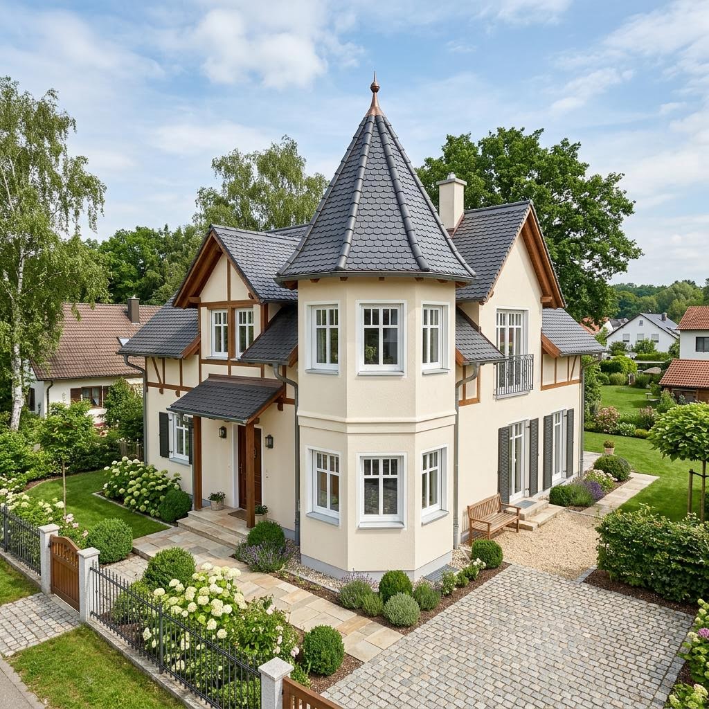 Stadsvilla Klassik Turm 149 van Büdenbender Hausbau met torenspits — prefab woning van 149 m²