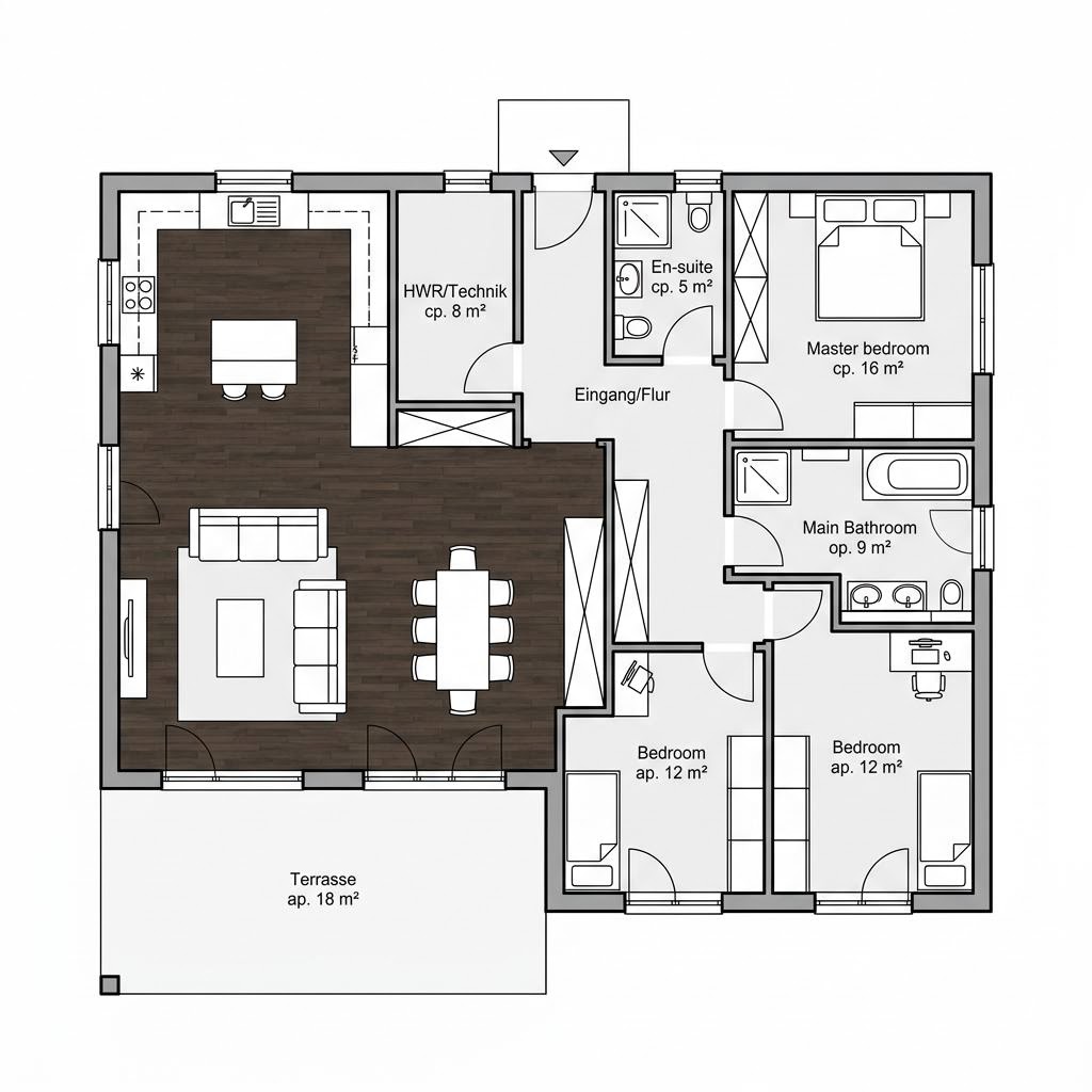 Plattegrond Bungalow 131 van ELK Haus — 131 m², 4 kamers