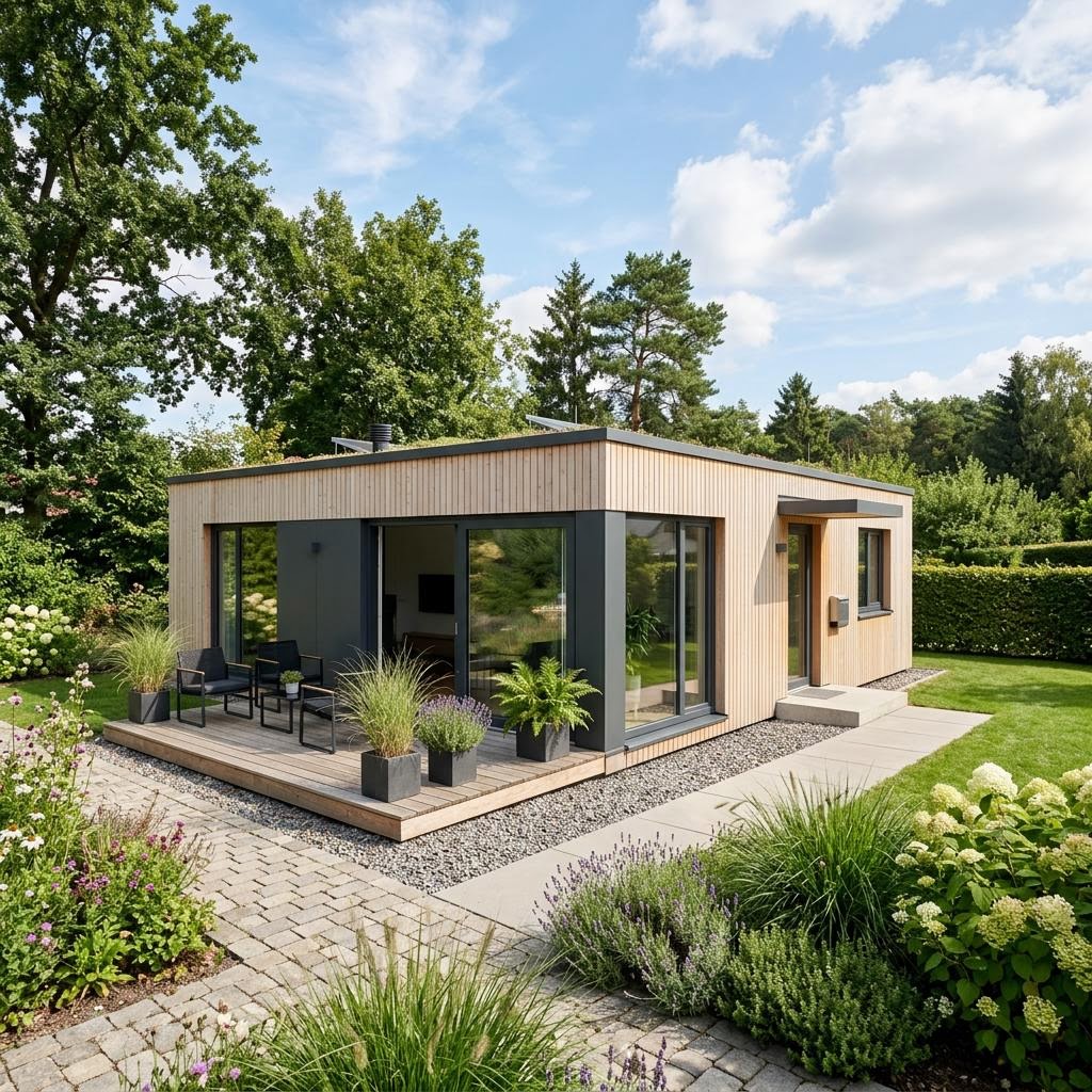 Compacte woning FlexHome FH 60 van Haas Fertigbau met plat dak — prefab woning van 60 m²
