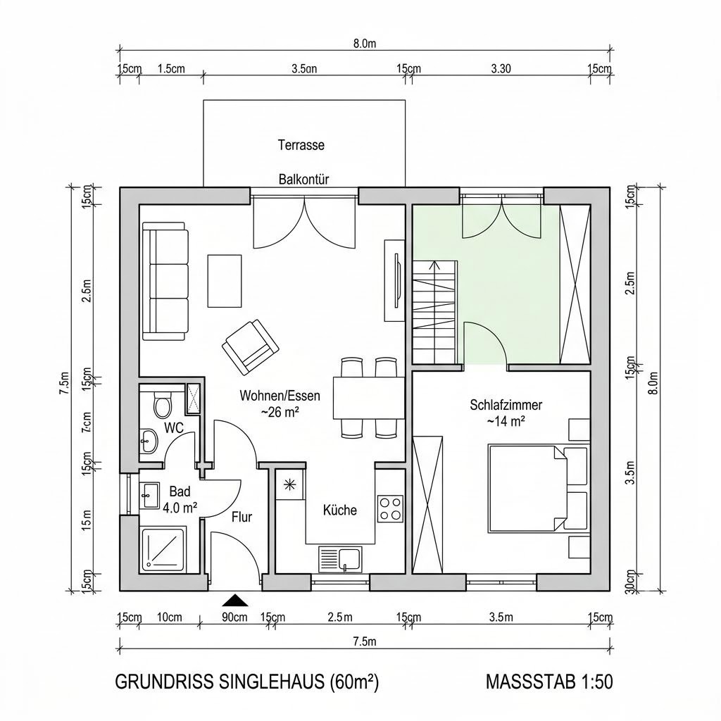 Plattegrond FlexHome FH 60 van Haas Fertigbau — 60 m², 2 kamers