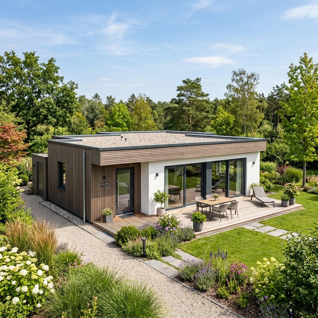Compacte woning FlexHome FH 71 A van Haas Fertigbau met plat dak — prefab woning van 71 m²