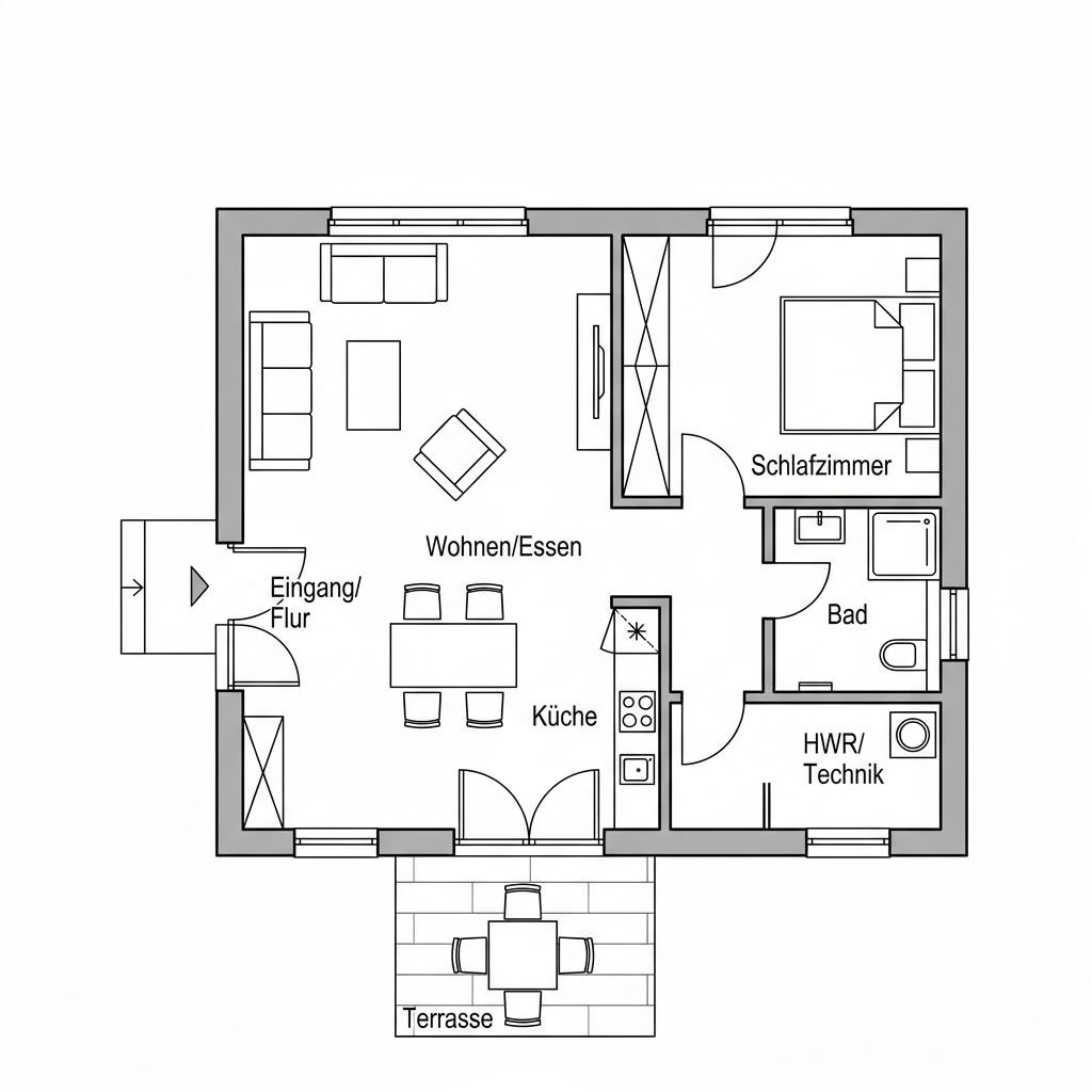 Plattegrond FlexHome FH 71 A van Haas Fertigbau — 71 m², 2 kamers
