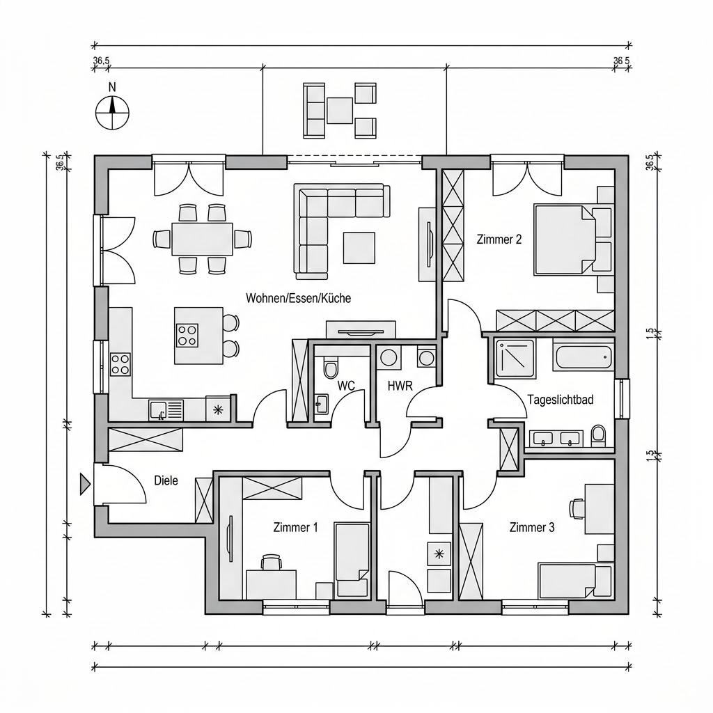 Plattegrond Bungalow SH 124 B van ScanHaus Marlow — 124 m², 4 kamers