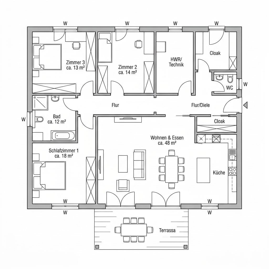 Plattegrond Bungalow 128 van Town & Country Haus Deutschland — 128 m², 4 kamers