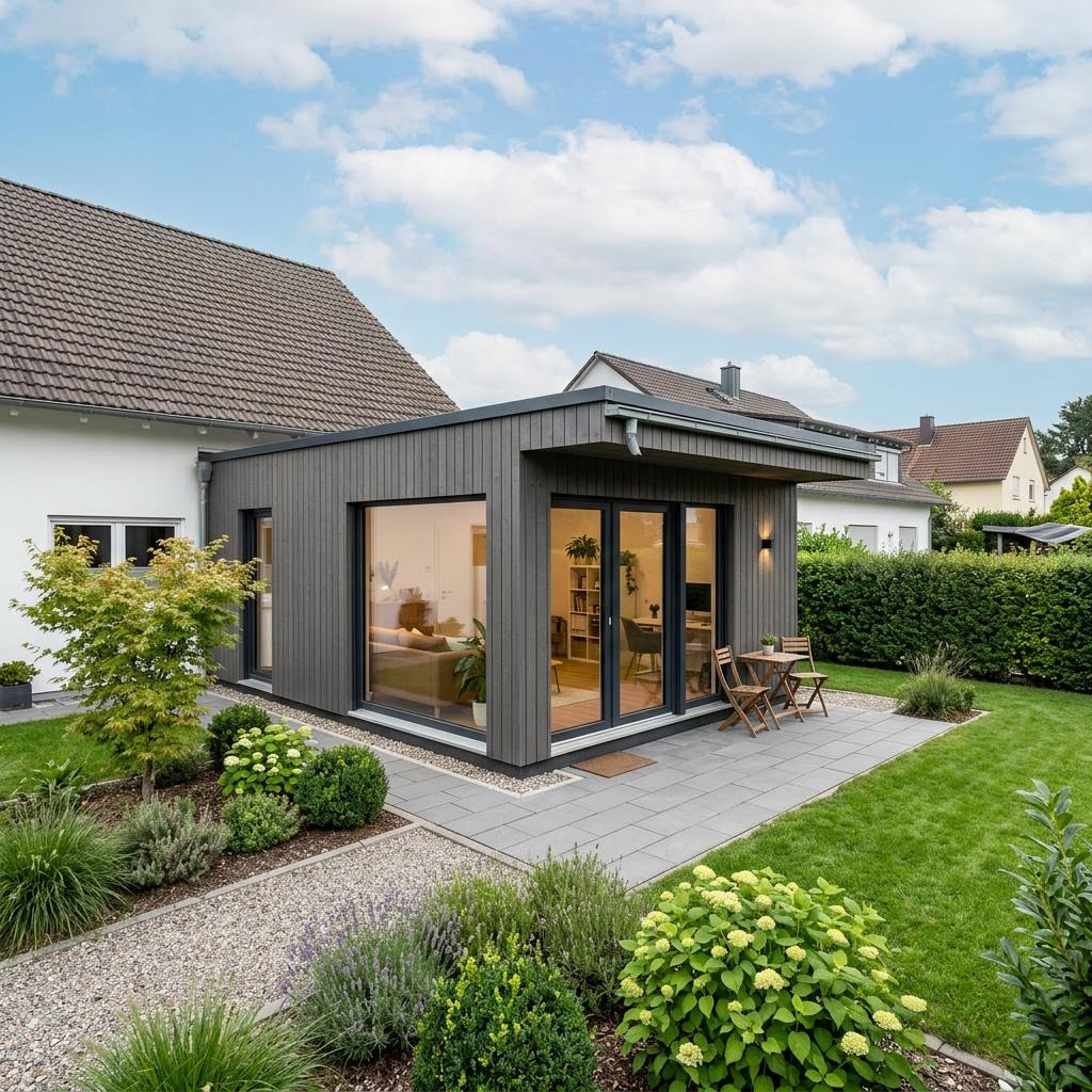 Aan- of opbouw Anbau Cube 28 van Conliving met plat dak — prefab woning van 28 m²