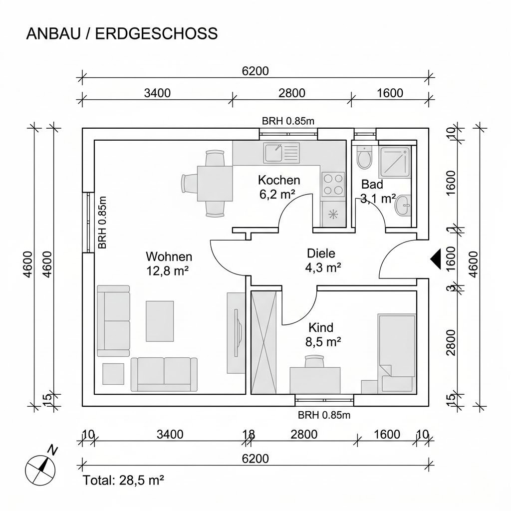 Plattegrond Anbau Cube 28 van Conliving — 28 m², 1 kamers