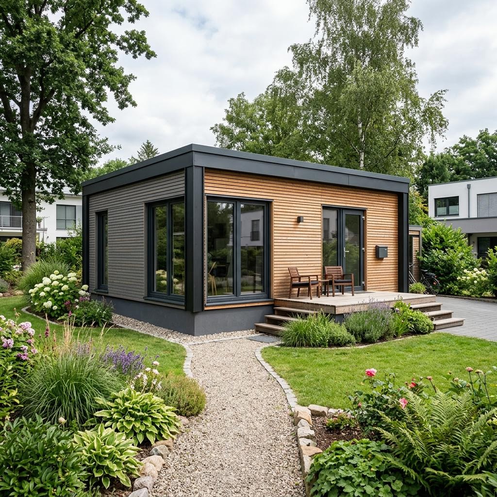 Tiny house Cube 45 van conliving met plat dak — prefab woning van 45 m²