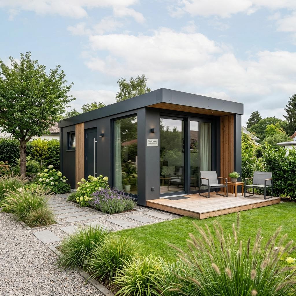 Containerwoning Wohncontainer W4 van Conliving met plat dak — prefab woning van 18 m²