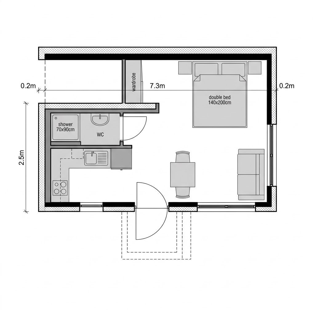 Plattegrond Wohncontainer W4 van Conliving — 18 m², 1 kamers