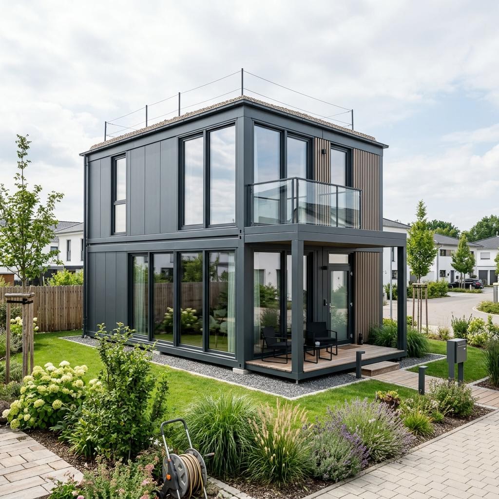 Containerwoning Wohncontainer W9 van Conliving met plat dak — prefab woning van 72 m²