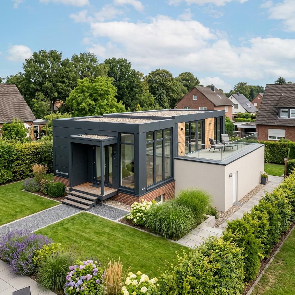 Aan- of opbouw Aufstockung Modul 25 van Containerwerk met plat dak — prefab woning van 25 m²