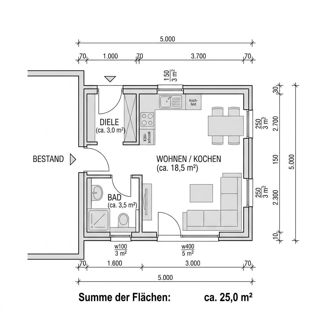 Plattegrond Aufstockung Modul 25 van Containerwerk — 25 m², 1 kamers