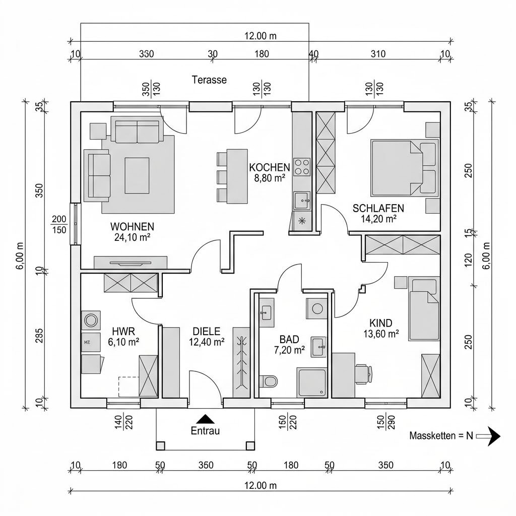 Plattegrond Modulhaus Urban 72 van Containerwerk — 72 m², 3 kamers