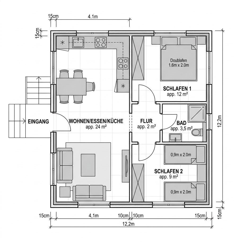 Plattegrond Raummodul Wohnen Duo van Containerwerk — 50 m², 2 kamers