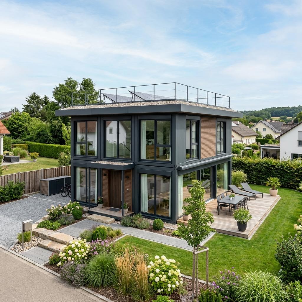 Containerwoning Raummodul Wohnen Family van Containerwerk met plat dak — prefab woning van 90 m²