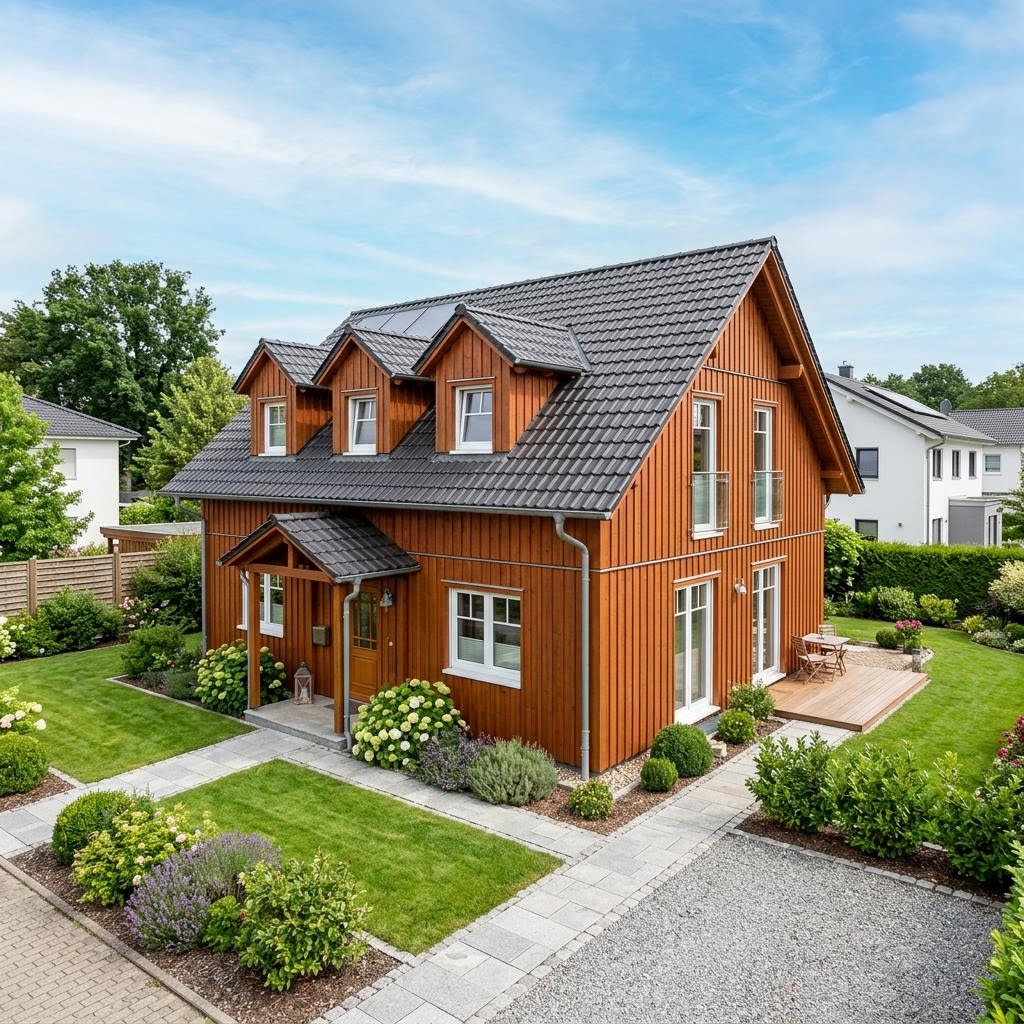 Holzhaus Holzhaus Aarhus 124 van Danhaus Deutschland met zadeldak — prefab woning van 124 m²