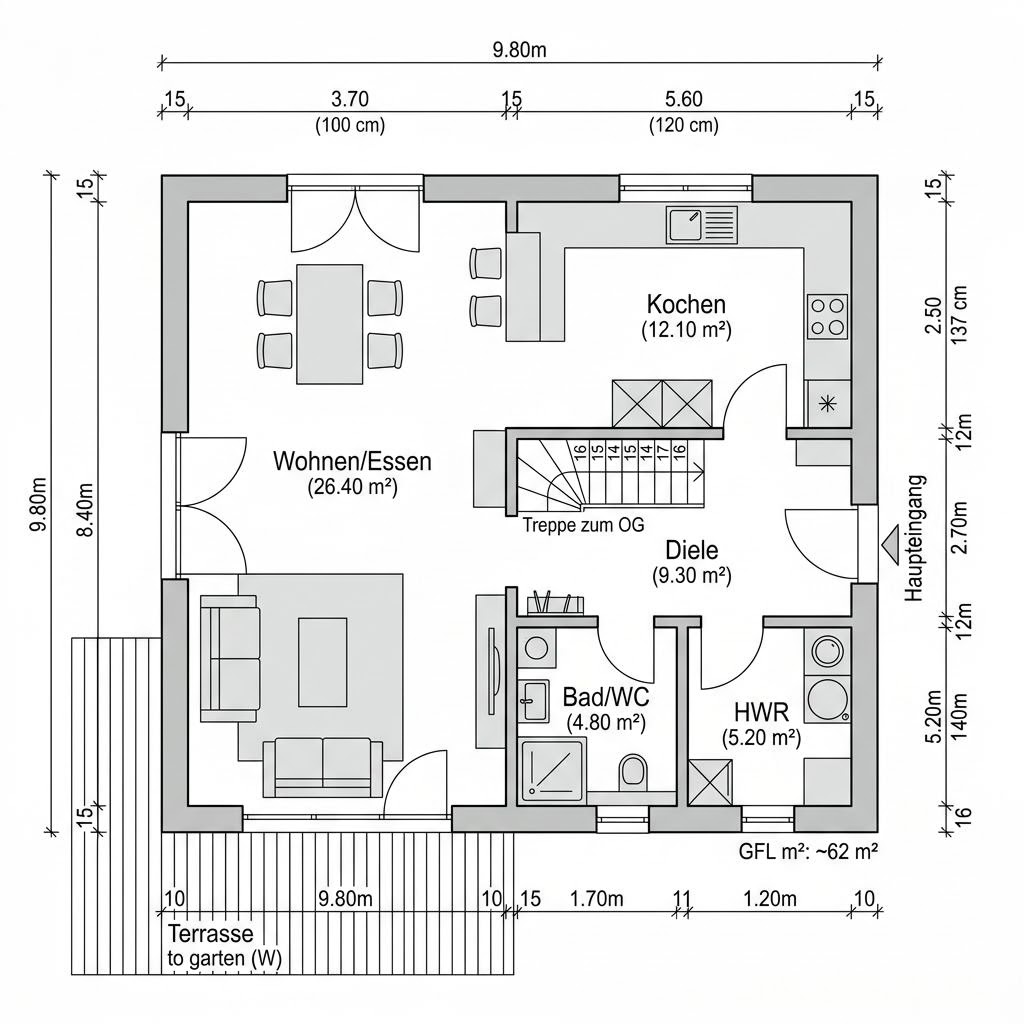 Plattegrond Holzhaus Aarhus 124 van Danhaus Deutschland — 124 m², 4 kamers