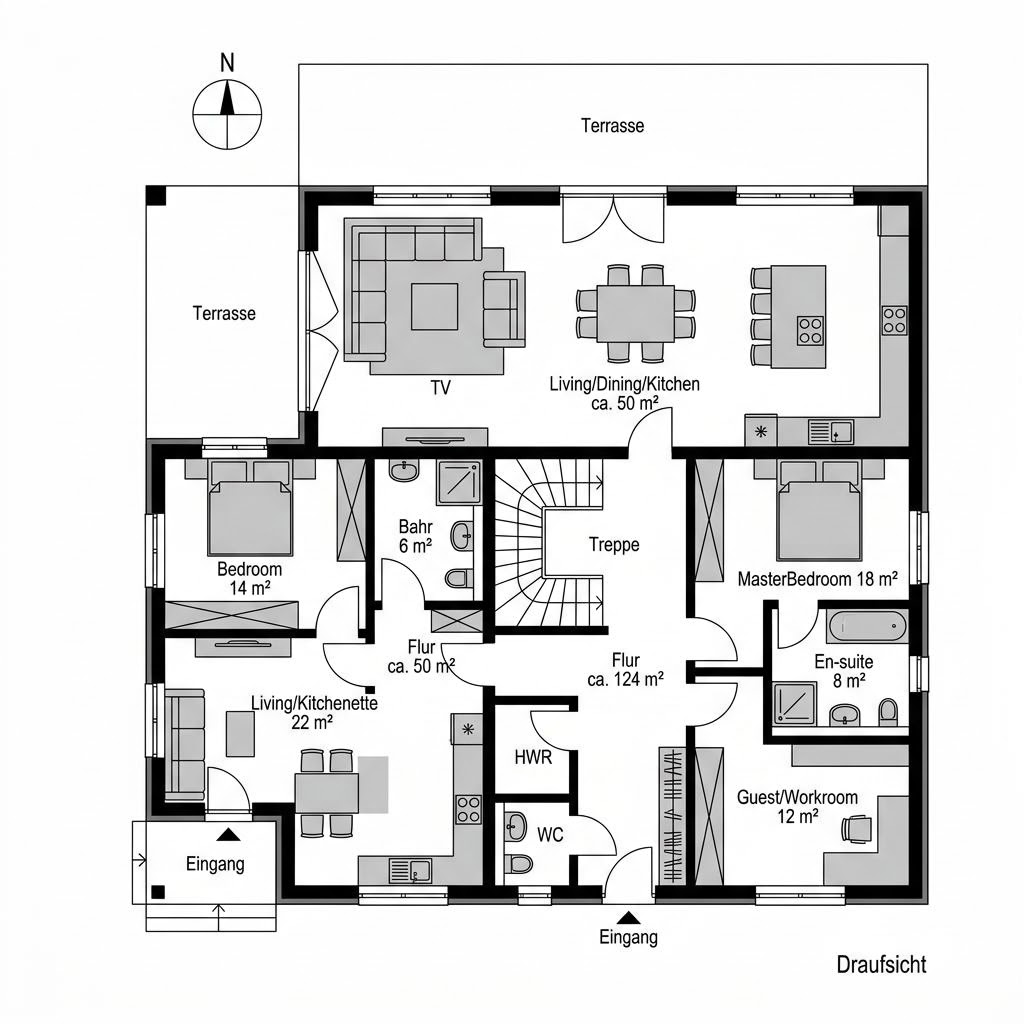 Plattegrond Doppel Nord Mehrgeneration van Danhaus — 174 m², 7 kamers