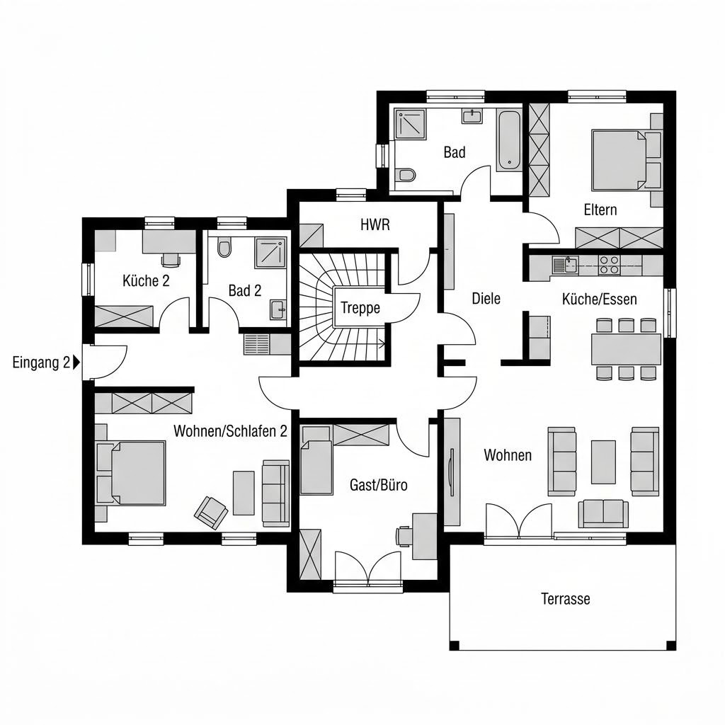 Plattegrond Familienhaus 210 van Danhaus — 210 m², 8 kamers