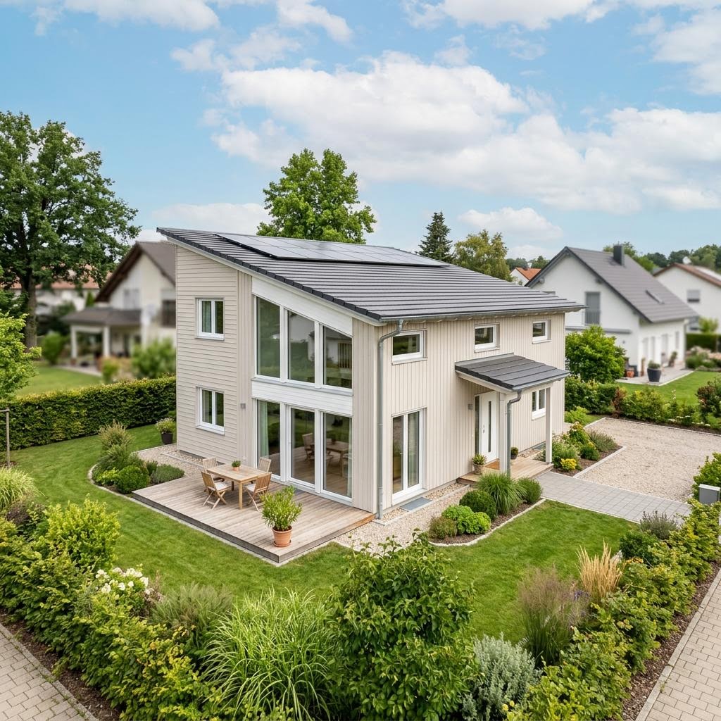 Modulaire woning Modulhaus Lyng 84 van Danhaus Deutschland met lessenaarsdak — prefab woning van 84 m²