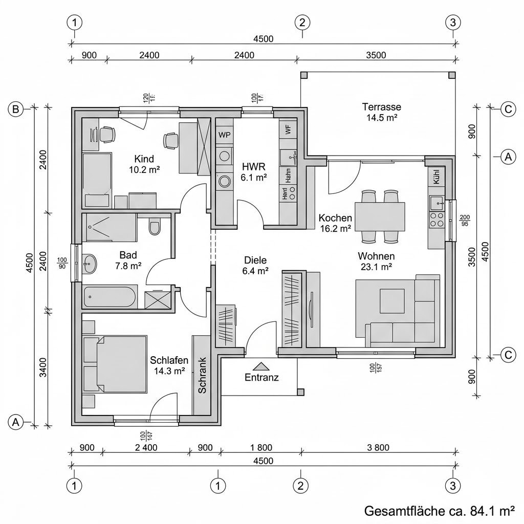 Plattegrond Modulhaus Lyng 84 van Danhaus Deutschland — 84 m², 3 kamers
