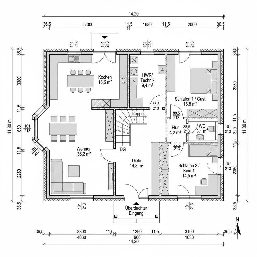 Plattegrond Landhaus Point 146 van Danwood — 146 m², 5 kamers