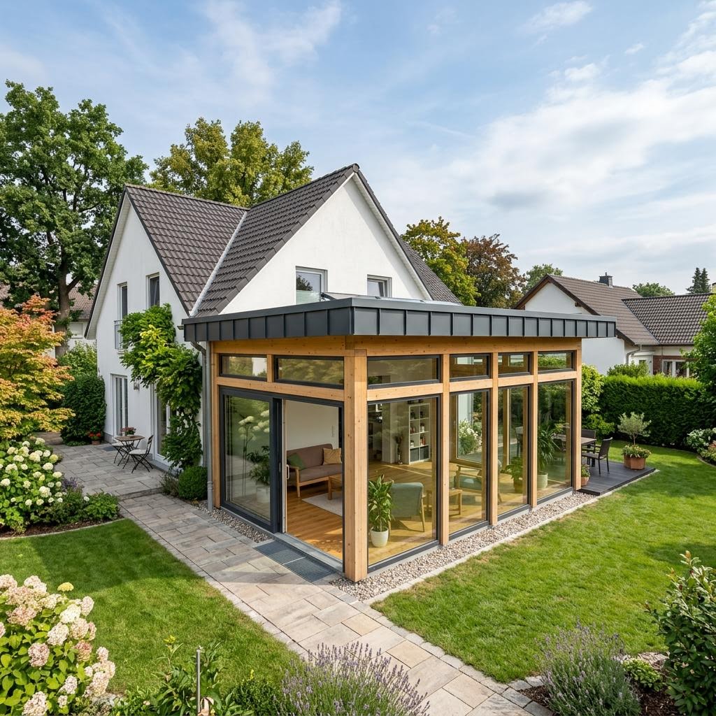 Aan- of opbouw Anbau Glasmodul 58 van DAVINCI HAUS met plat dak — prefab woning van 58 m²