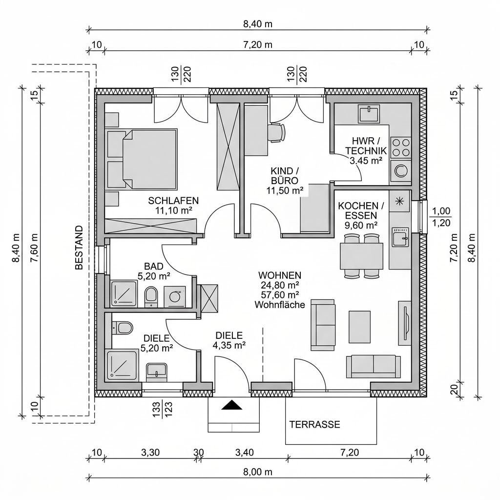 Plattegrond Anbau Glasmodul 58 van DAVINCI HAUS — 58 m², 2 kamers