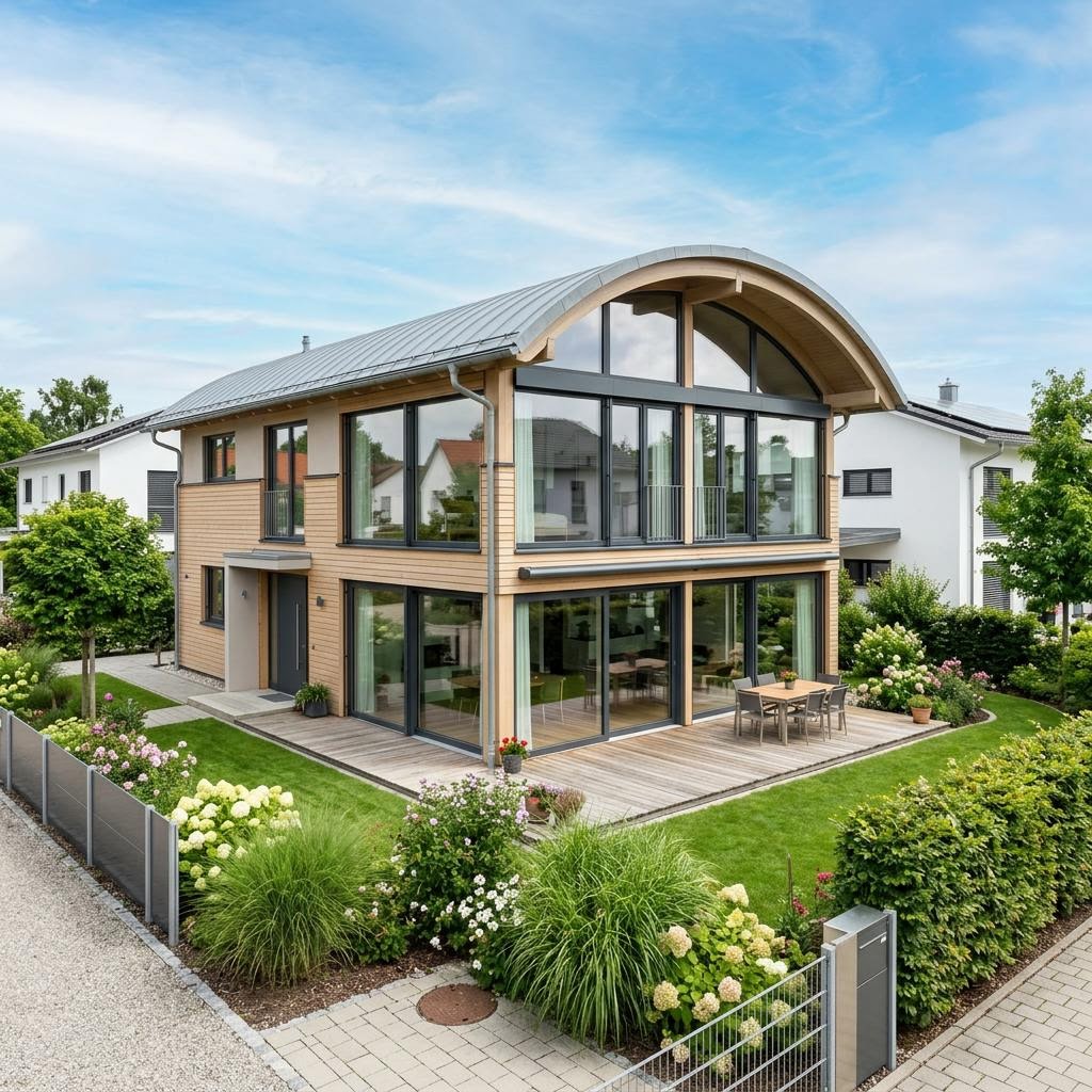 Eengezinswoning Glashaus Tonne 172 van Baufritz met tonvormig dak — prefab woning van 172 m²