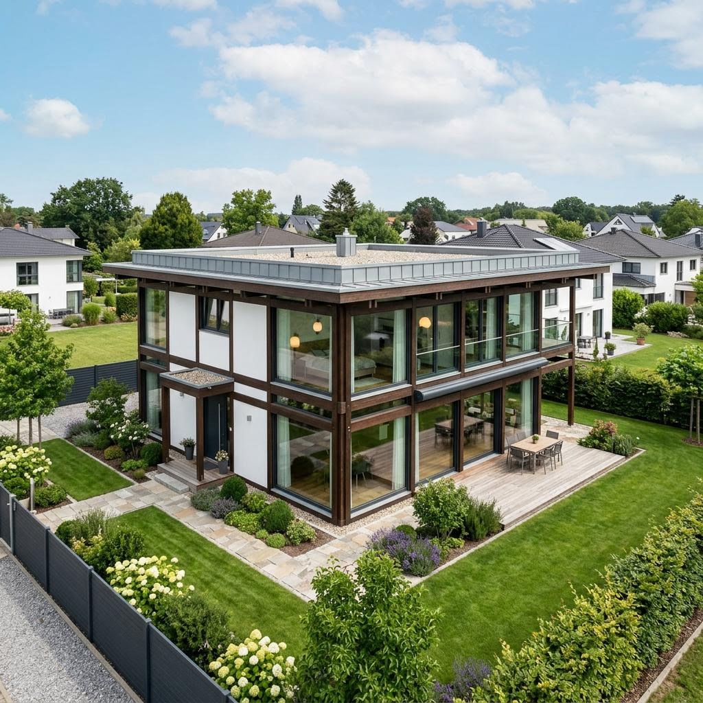 Kubuswoning Kubushaus Glaskubus 186 van DAVINCI HAUS met plat dak — prefab woning van 186 m²