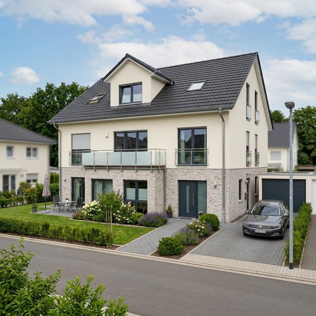 Twee-onder-een-kapwoning Doppelhaushälfte Block 142 van Deutsche Neubau met zadeldak — prefab woning van 142 m²