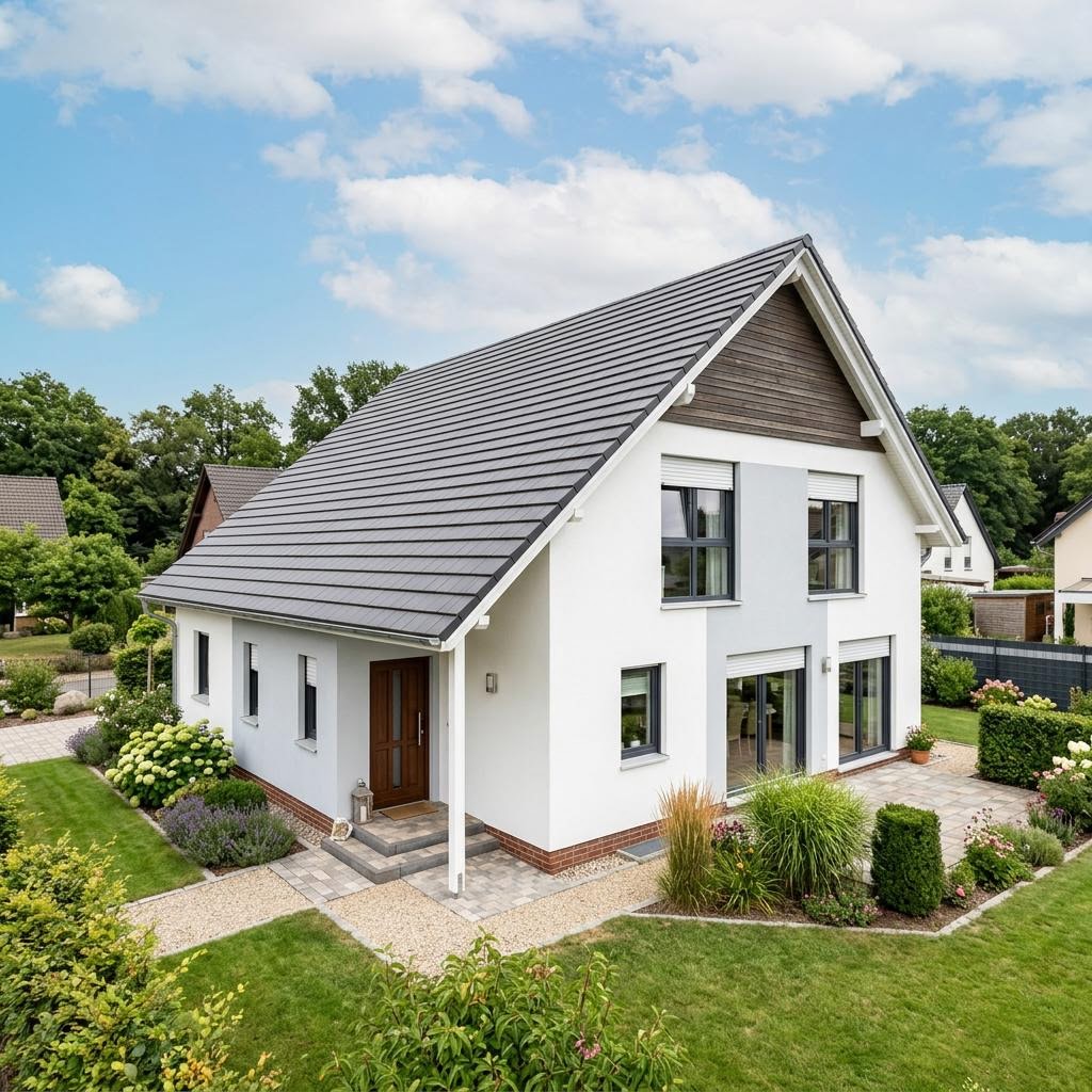 Eengezinswoning Landhaus Schlepp 135 van Deutsche Neubau met aanslepend dakschild — prefab woning van 135 m²