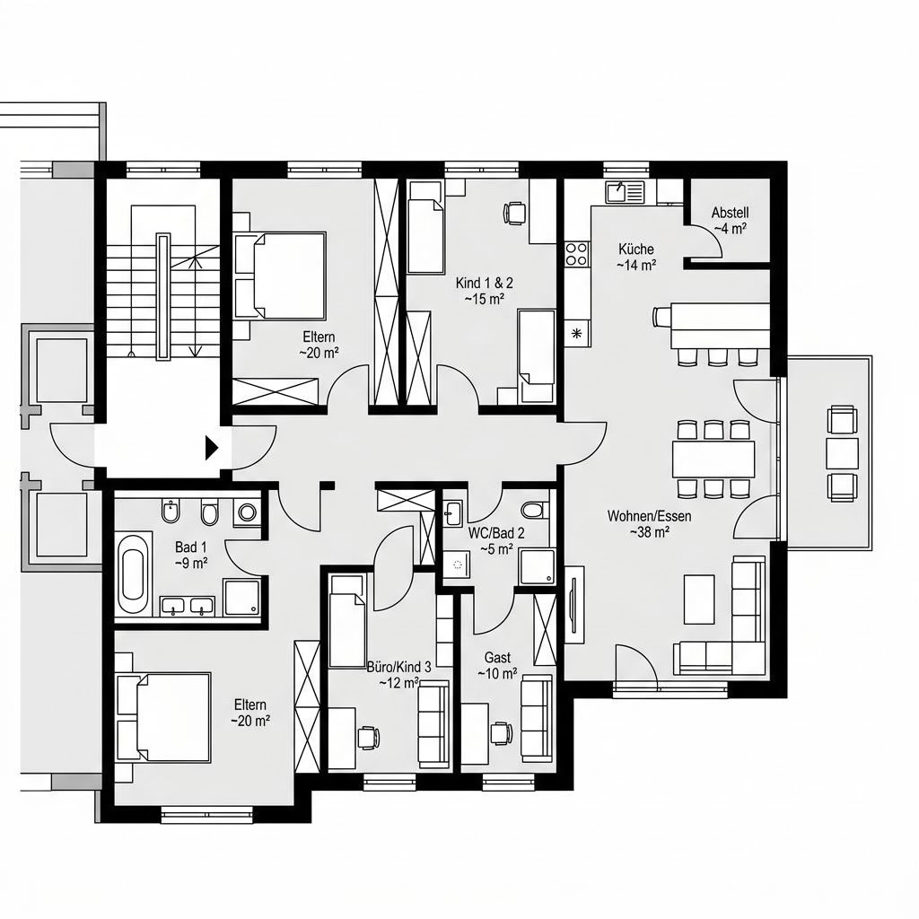 Plattegrond Easy 22 — Zweifamilienhaus van FIBAV Massivhaus — 148 m², 6 kamers