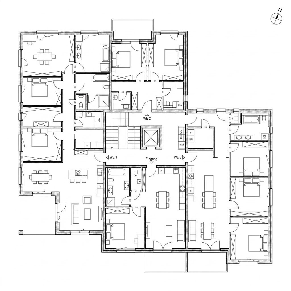 Plattegrond Wilko — 5 bis 7 Wohneinheiten van Haas Fertigbau - Mehrfamilienhäuser — 470 m², 18 kamers