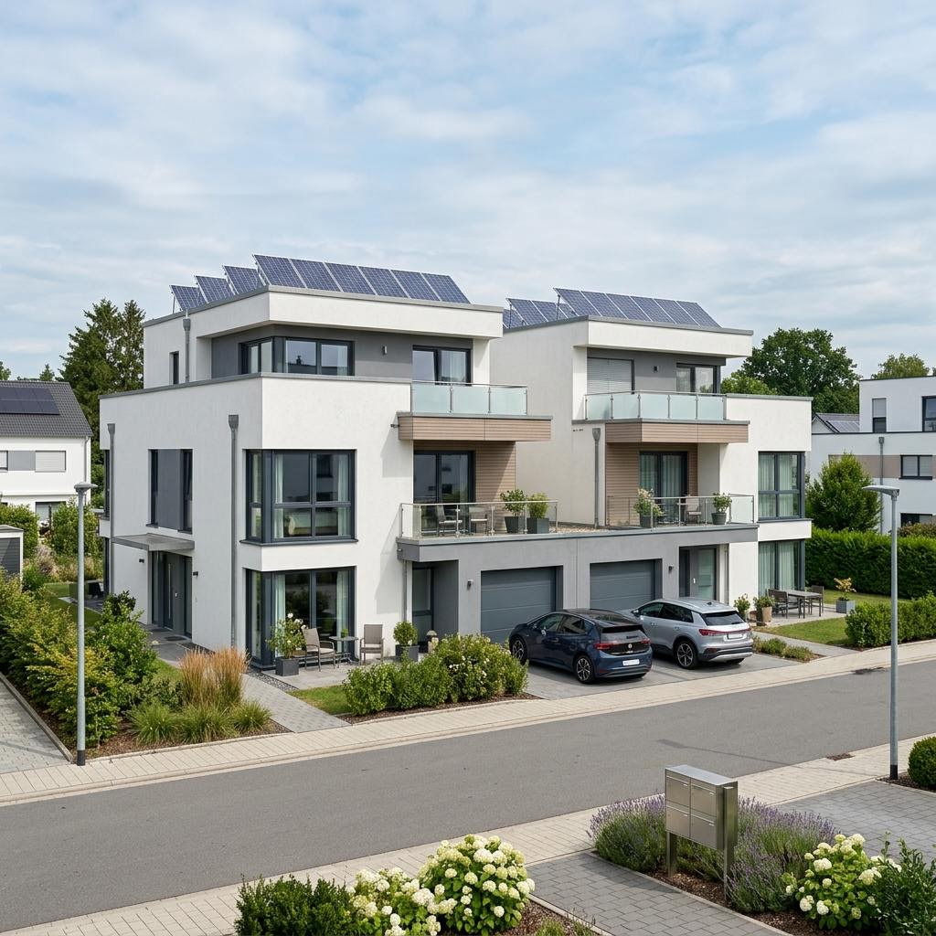 Twee-onder-een-kapwoning Doppelhaus 144 van Hanse Haus met plat dak — prefab woning van 138 m²