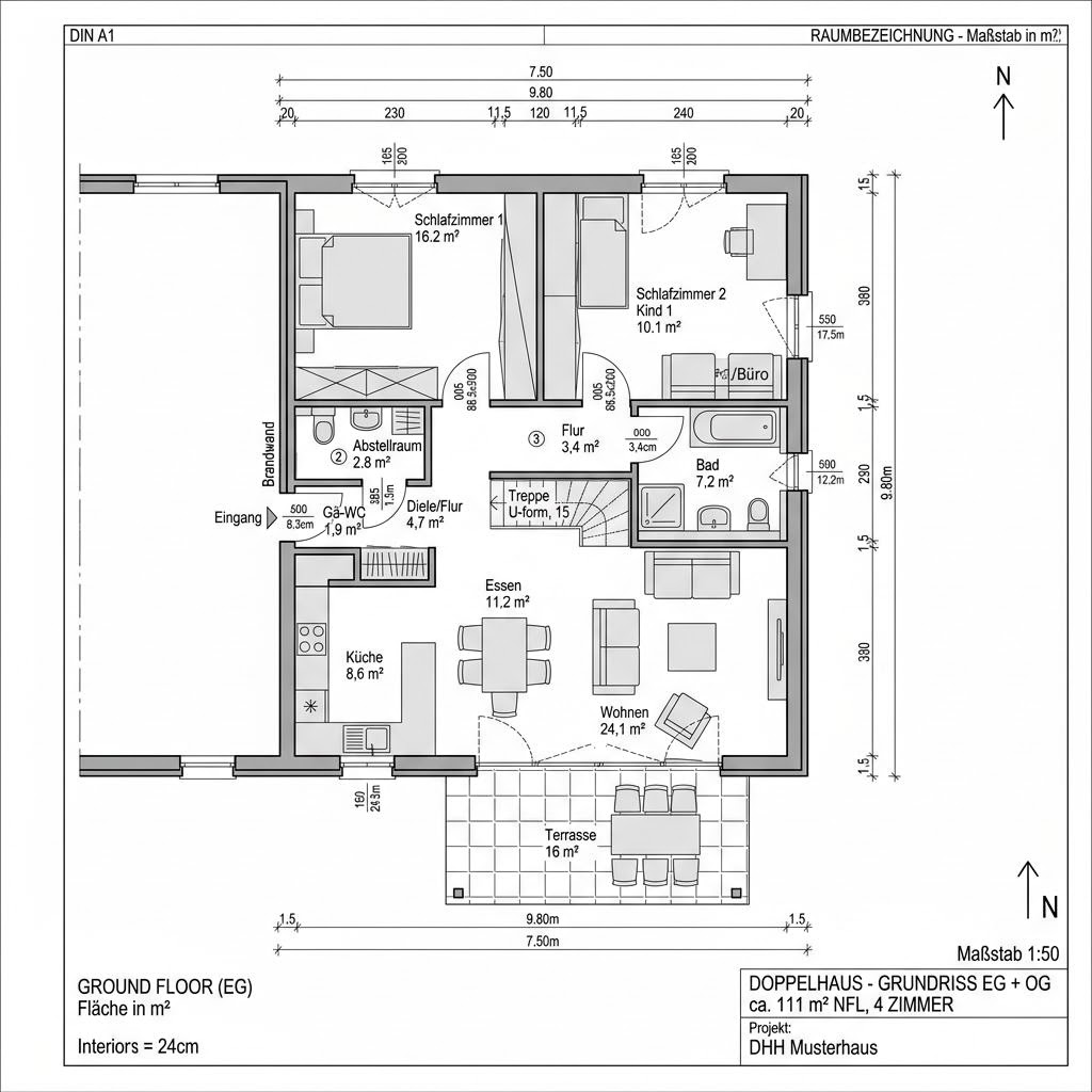 Plattegrond Doppelhaus S454 van Heinz von Heiden Massivhäuser — 111 m², 4 kamers