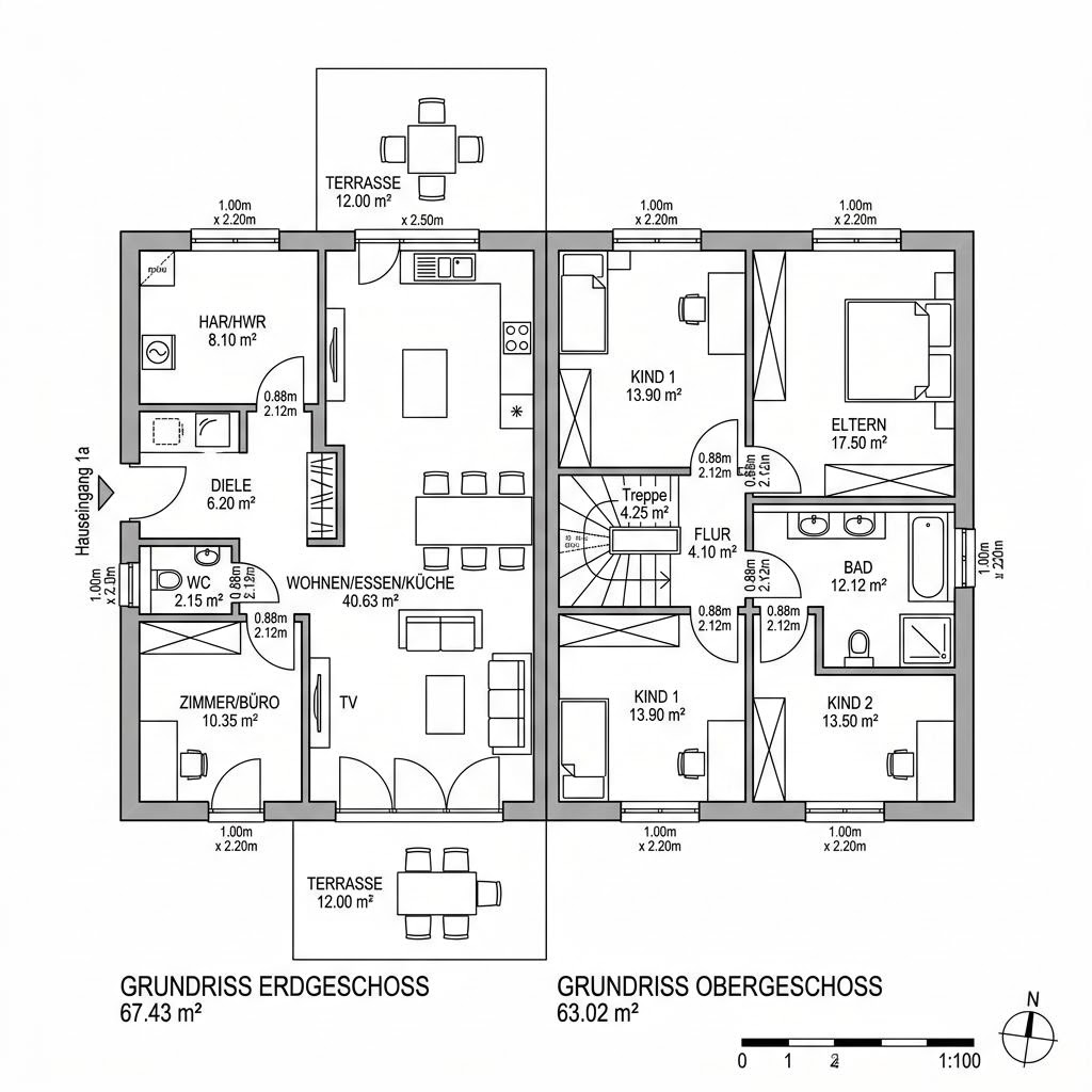 Plattegrond Doppelhaus Twin van Kern-Haus — 130 m², 5 kamers