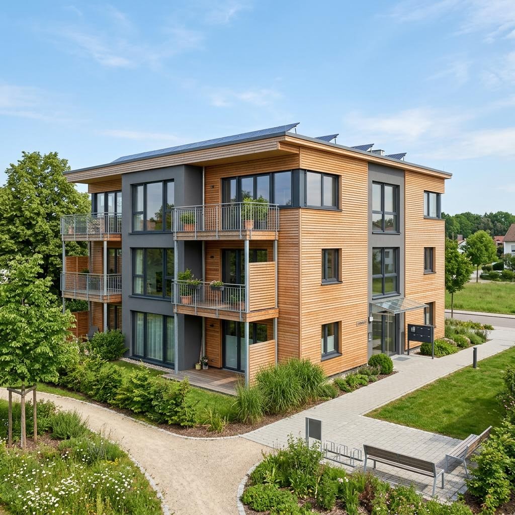 Meergezinswoning Mehrfamilienhaus in Holzbauweise van WeberHaus met plat dak — prefab woning van 400 m²