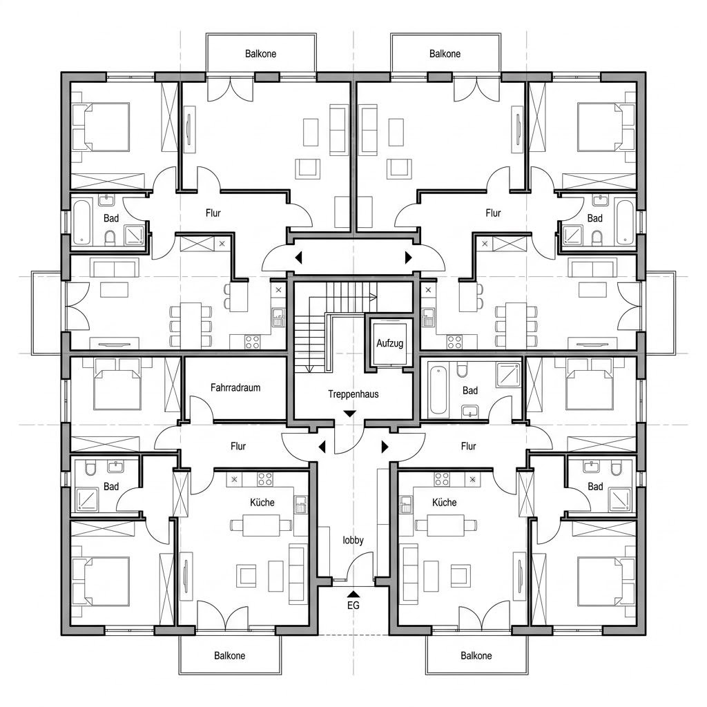 Plattegrond Mehrfamilienhaus in Holzbauweise van WeberHaus — 400 m², 14 kamers
