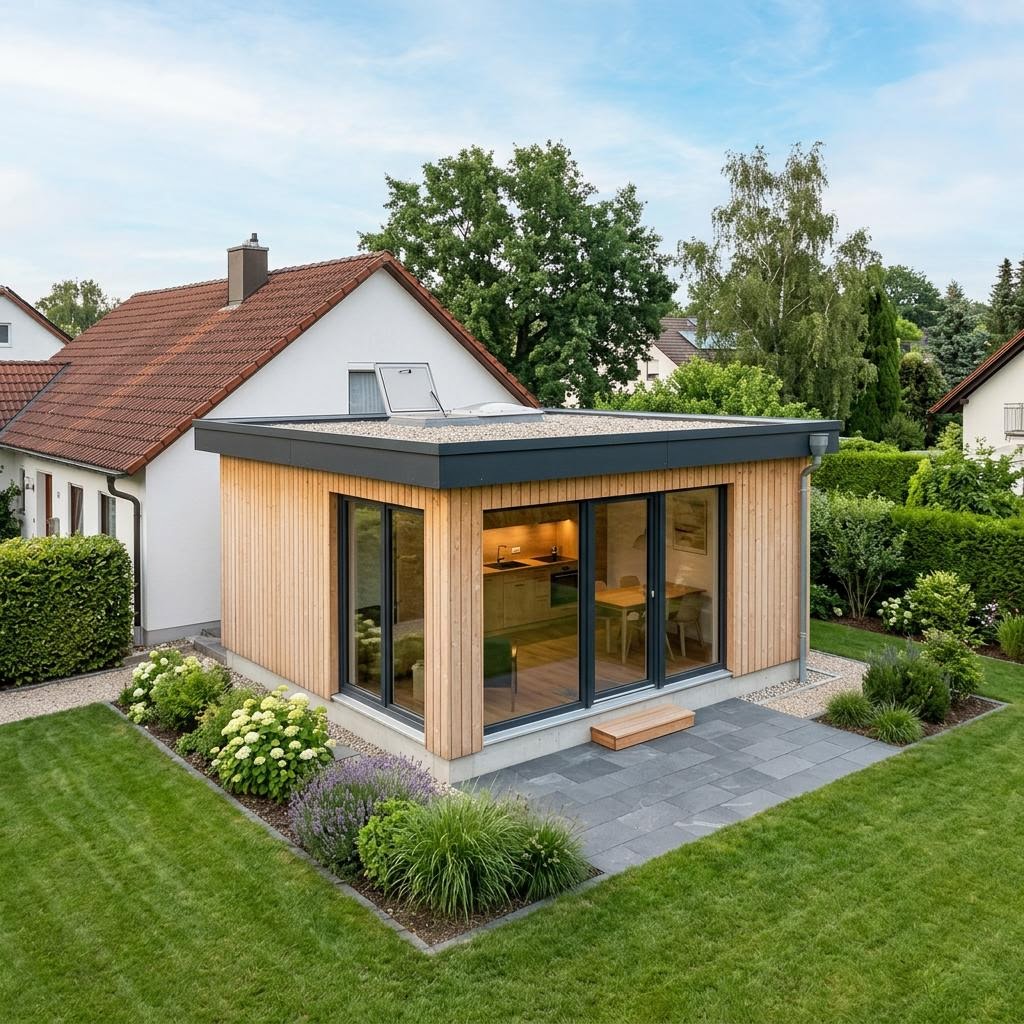 Aan- of opbouw Anbau Modul 36 van Dwellii House met plat dak — prefab woning van 36 m²